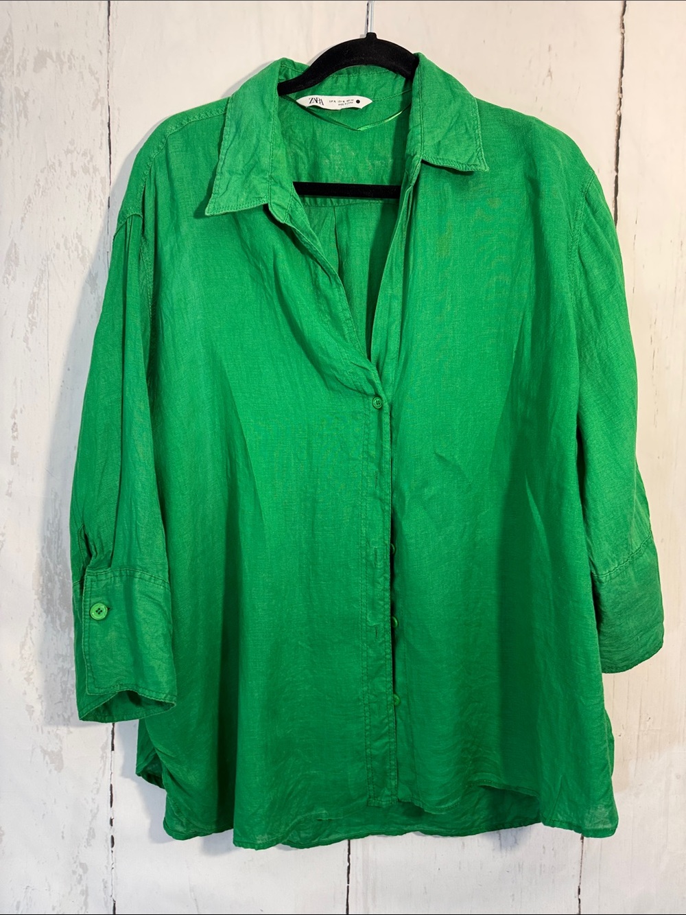 Zara Bright Green Linen Half sleeve summer  Button-Front Shirt - Picture 4 of 5